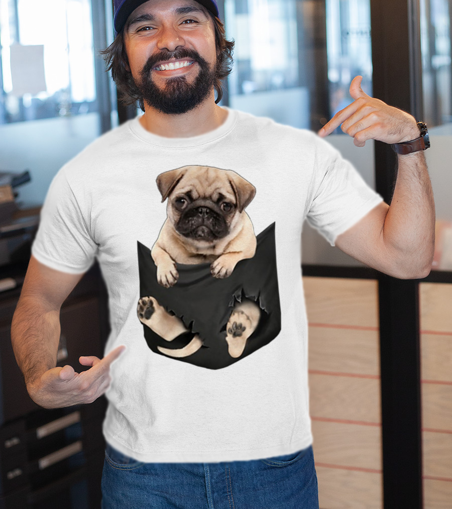 Pug Peeking Out Of Pocket With Paws Poking Through T-Shirt