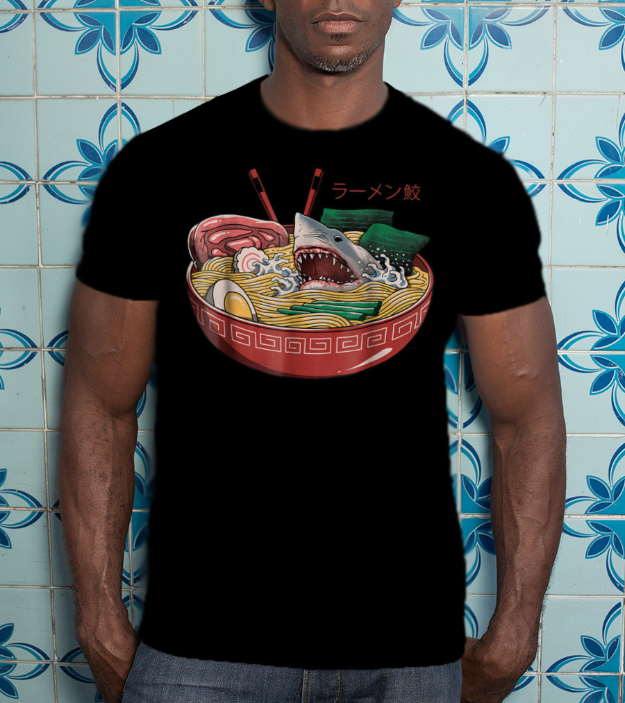 Ramen Shark Noodle Bowl Kaiju Monster Comic T-Shirt