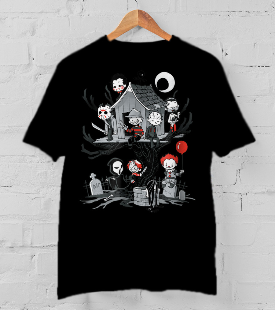 ShirtWoot Horror Clubhouse Icons In Treehouse With Figures And Moon T-Shirt