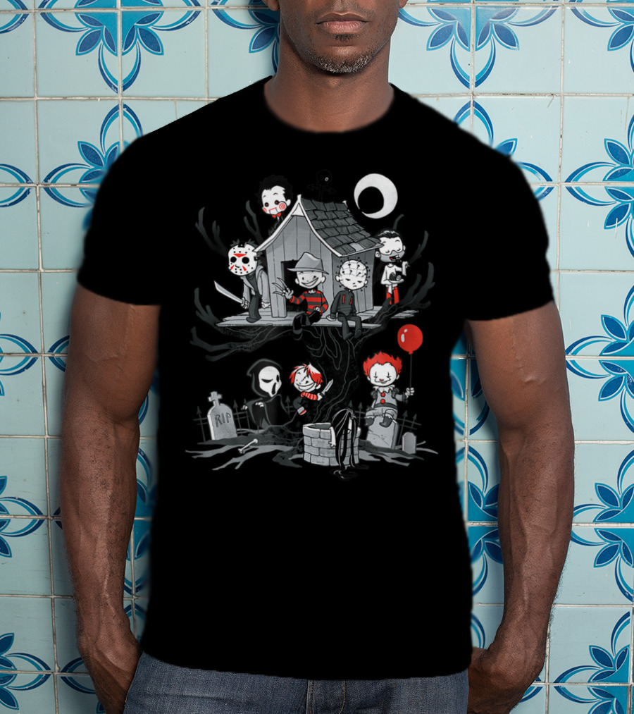 ShirtWoot Horror Clubhouse Icons In Treehouse With Figures And Moon T-Shirt
