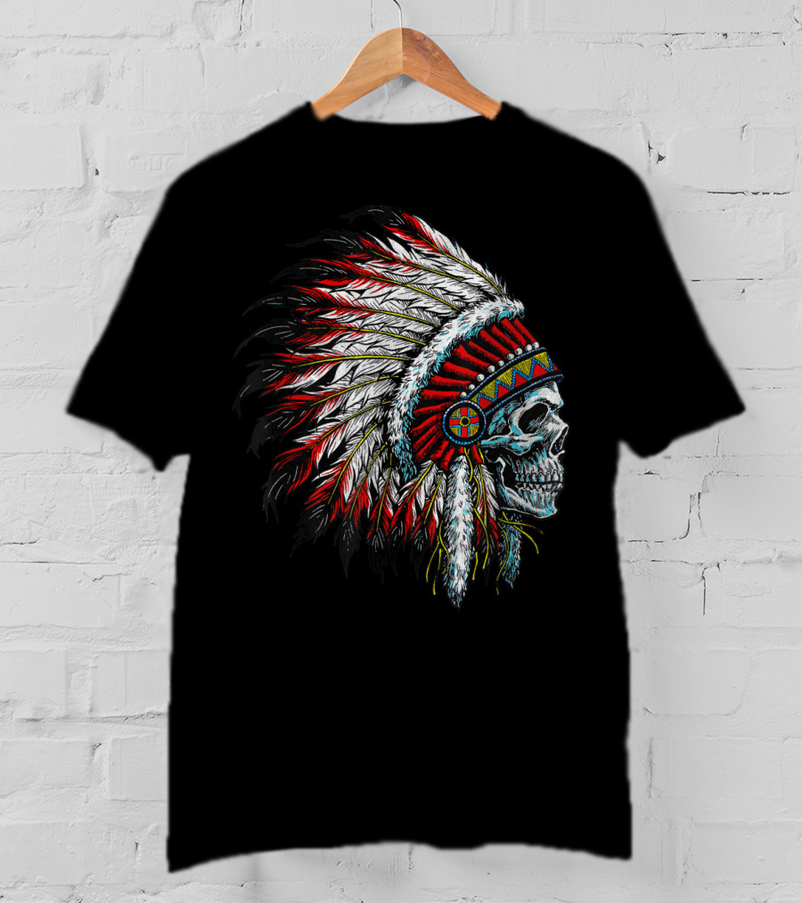Skull Native Indian Chief Eagle Feather Headdress Vintage American T-Shirt