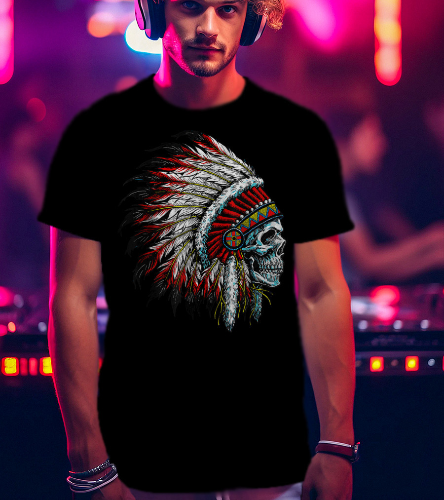 Skull Native Indian Chief Eagle Feather Headdress Vintage American T-Shirt