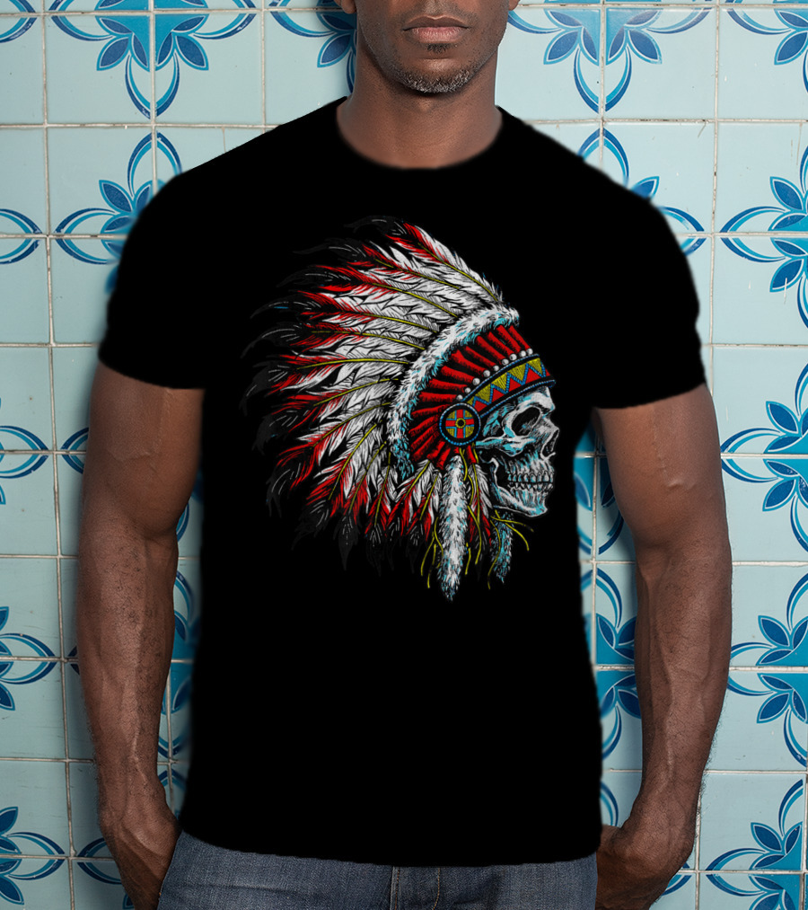 Skull Native Indian Chief Eagle Feather Headdress Vintage American T-Shirt