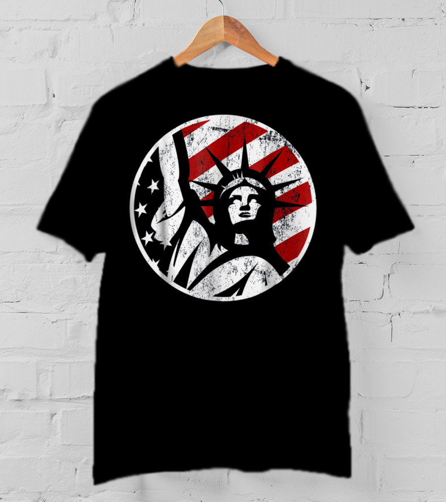 Statue Of Liberty NYC American Flag Circle Stars Stripes T-Shirt