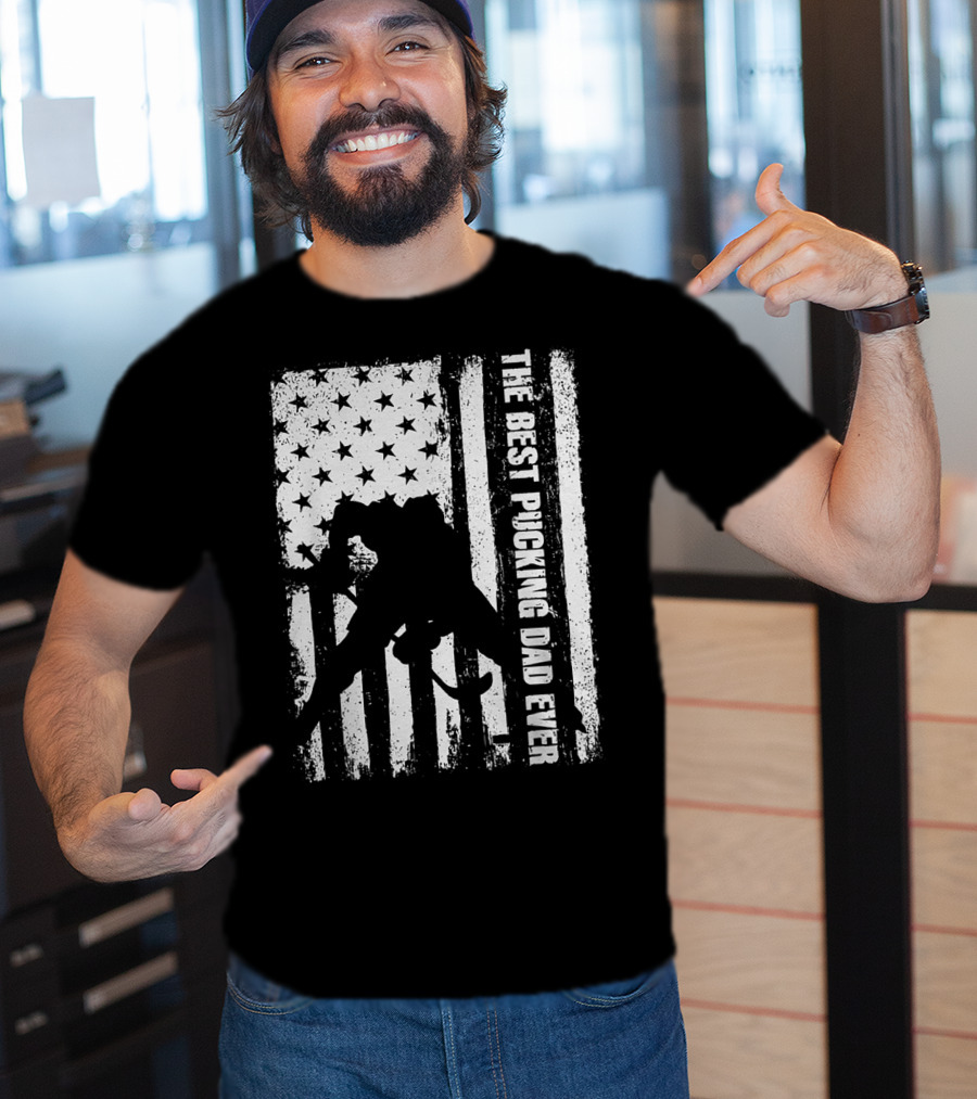 The Best Pucking Dad Ever Flag Hockey Silhouette Stars Stripes T-Shirt
