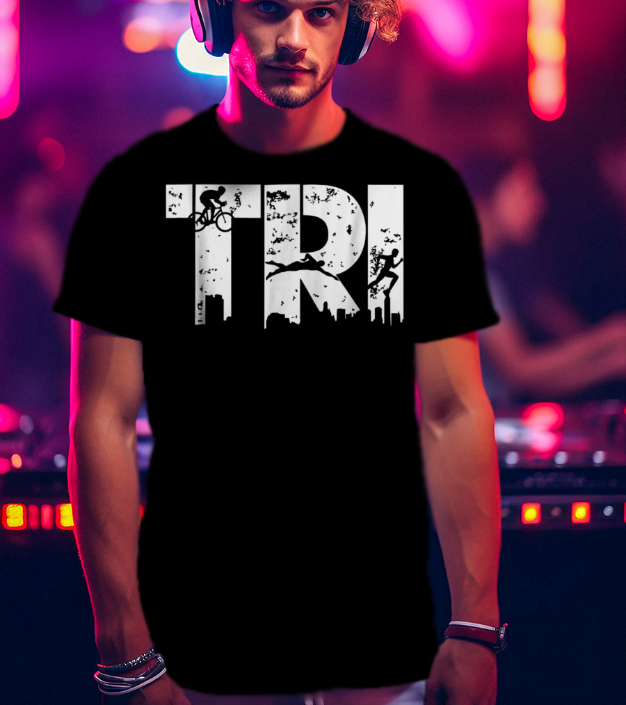 Triathlon Endurance Sports Triathlete Cycling Swimming Running Skyline T-Shirt