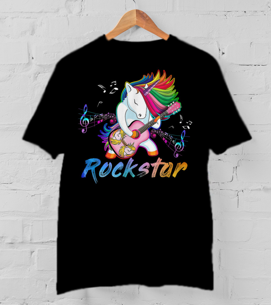 Unicorn Rockstar Rainbow Guitar Music Notes T-Shirt