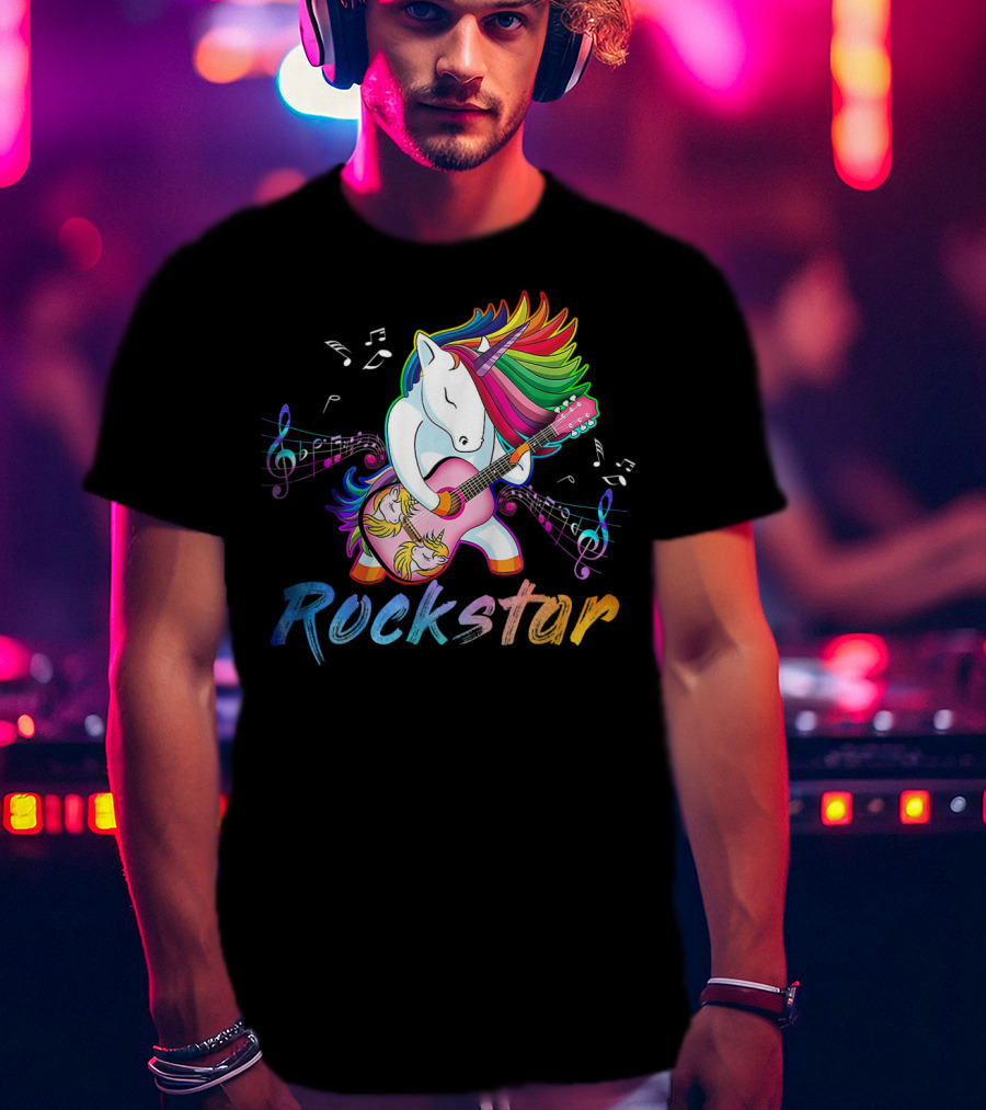 Unicorn Rockstar Rainbow Guitar Music Notes T-Shirt
