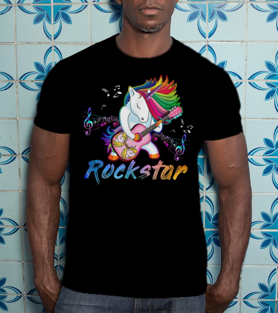 Unicorn Rockstar Rainbow Guitar Music Notes T-Shirt