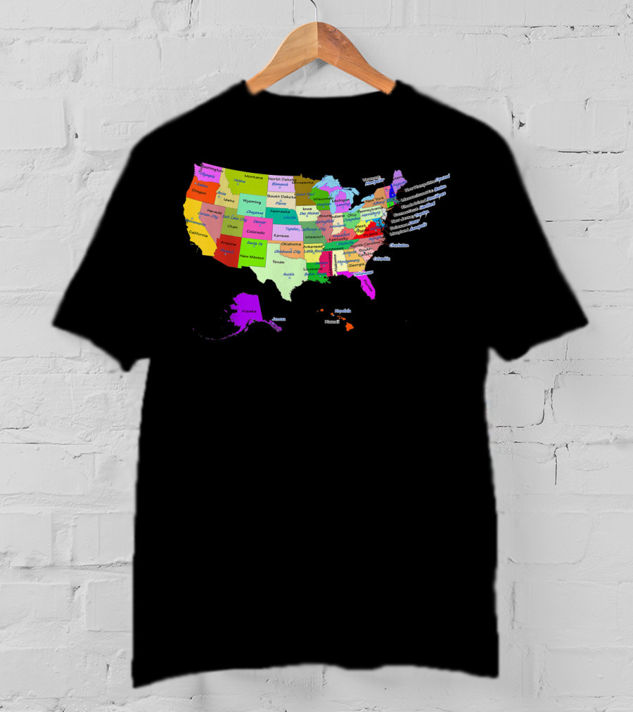 USA Map Displaying States And Capital Cities In Vibrant Colors T-Shirt