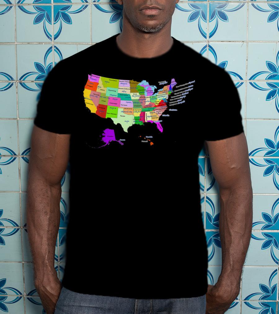 USA Map Displaying States And Capital Cities In Vibrant Colors T-Shirt
