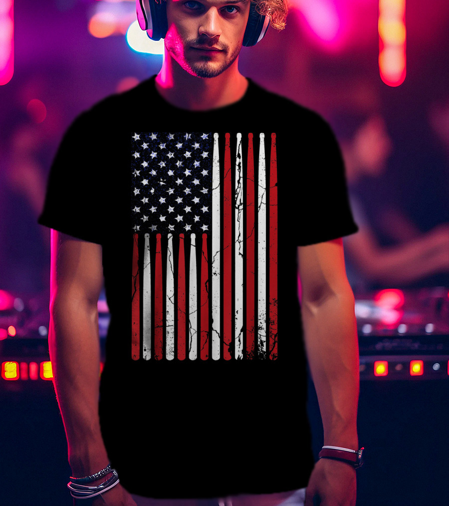 Vintage American Flag Drumsticks Drummer Player T-Shirt