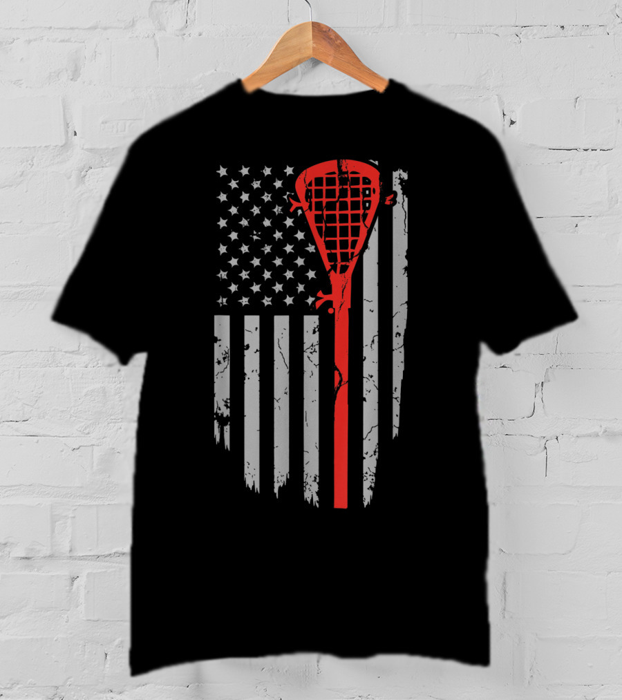 Vintage American Flag Lacrosse Stick Youth USA Patriotic T-Shirt