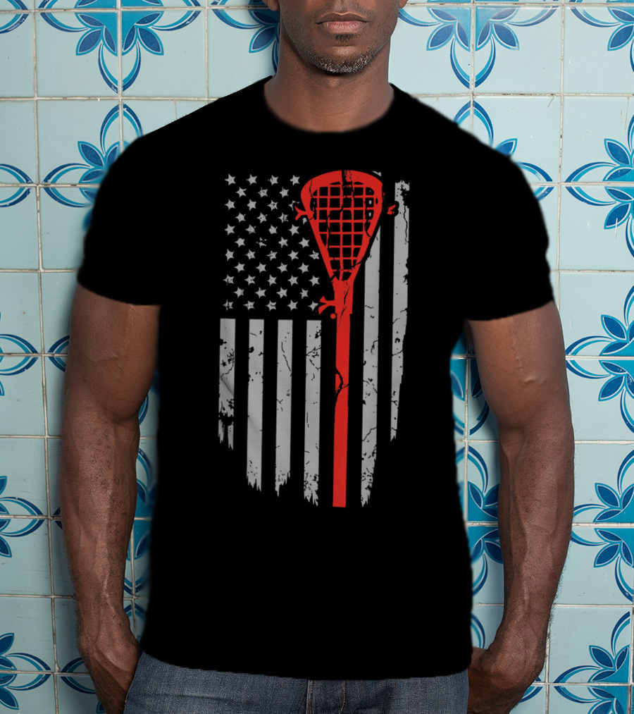Vintage American Flag Lacrosse Stick Youth USA Patriotic T-Shirt