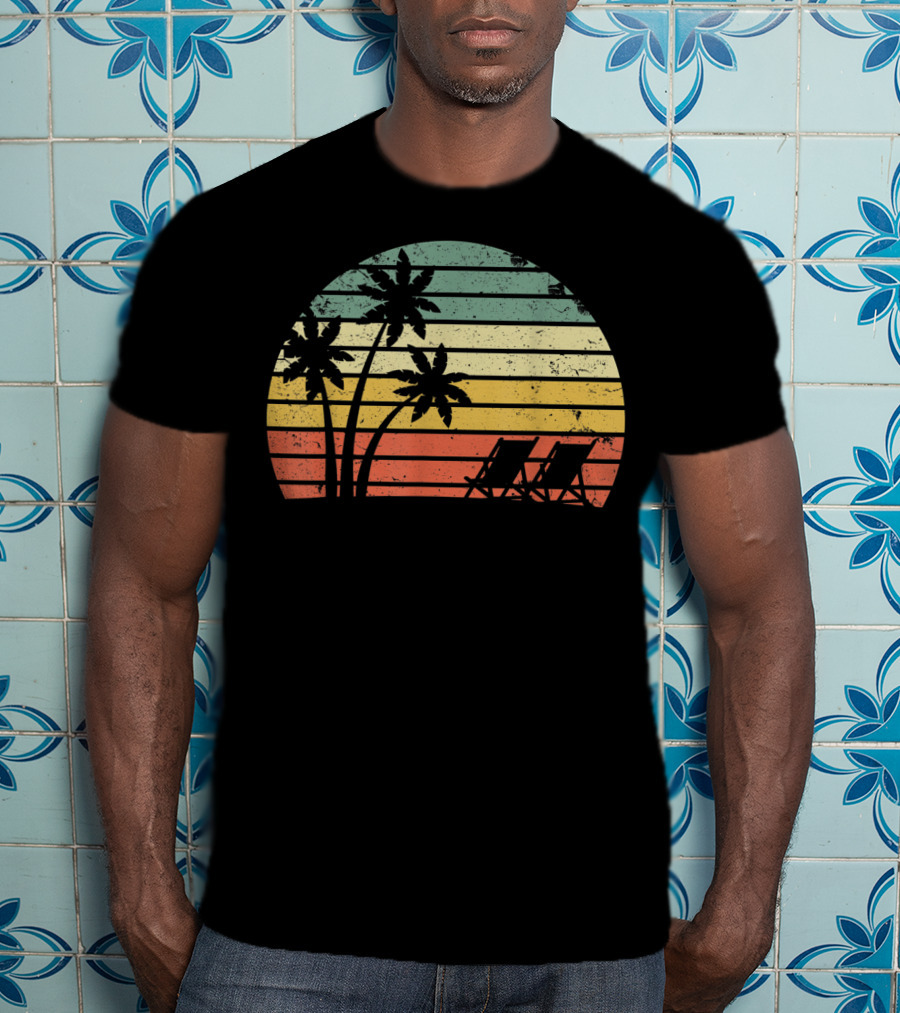 Retro Sunset Palm Trees With Beach Chair T-Shirt