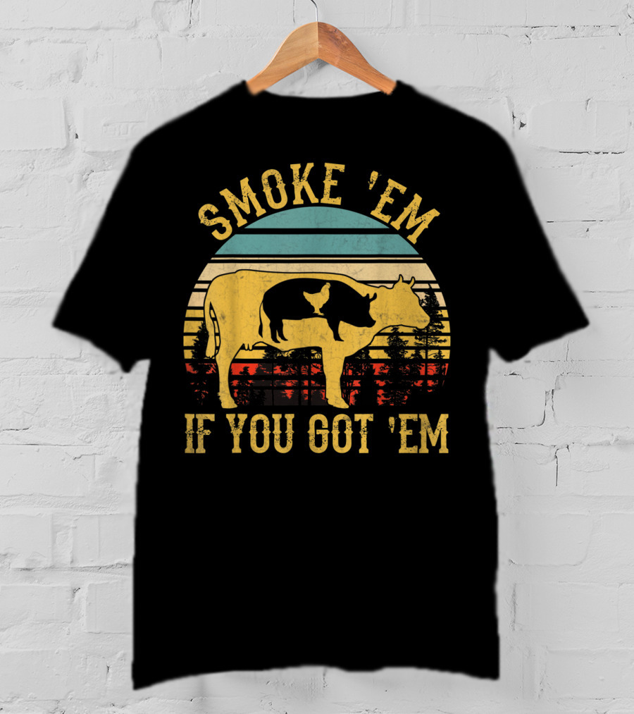 Smoke 'Em If You Got 'Em Vintage BBQ Grilling Cow Silhouette Retro Sunset T-Shirt
