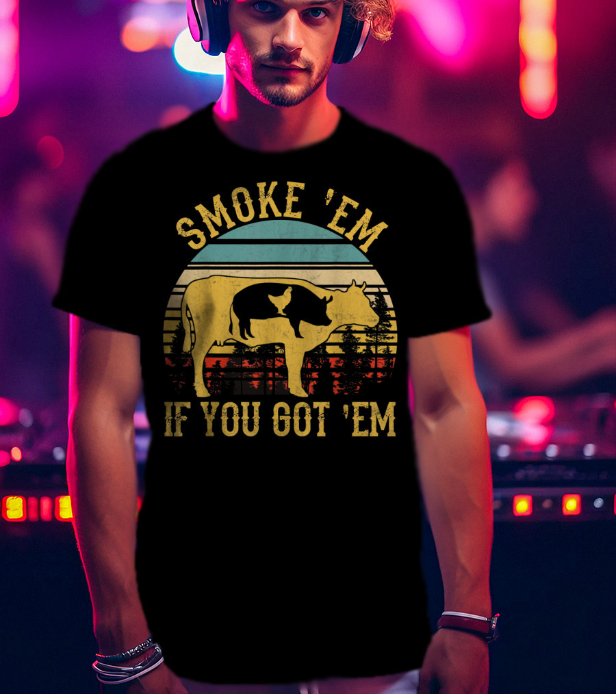 Smoke 'Em If You Got 'Em Vintage BBQ Grilling Cow Silhouette Retro Sunset T-Shirt