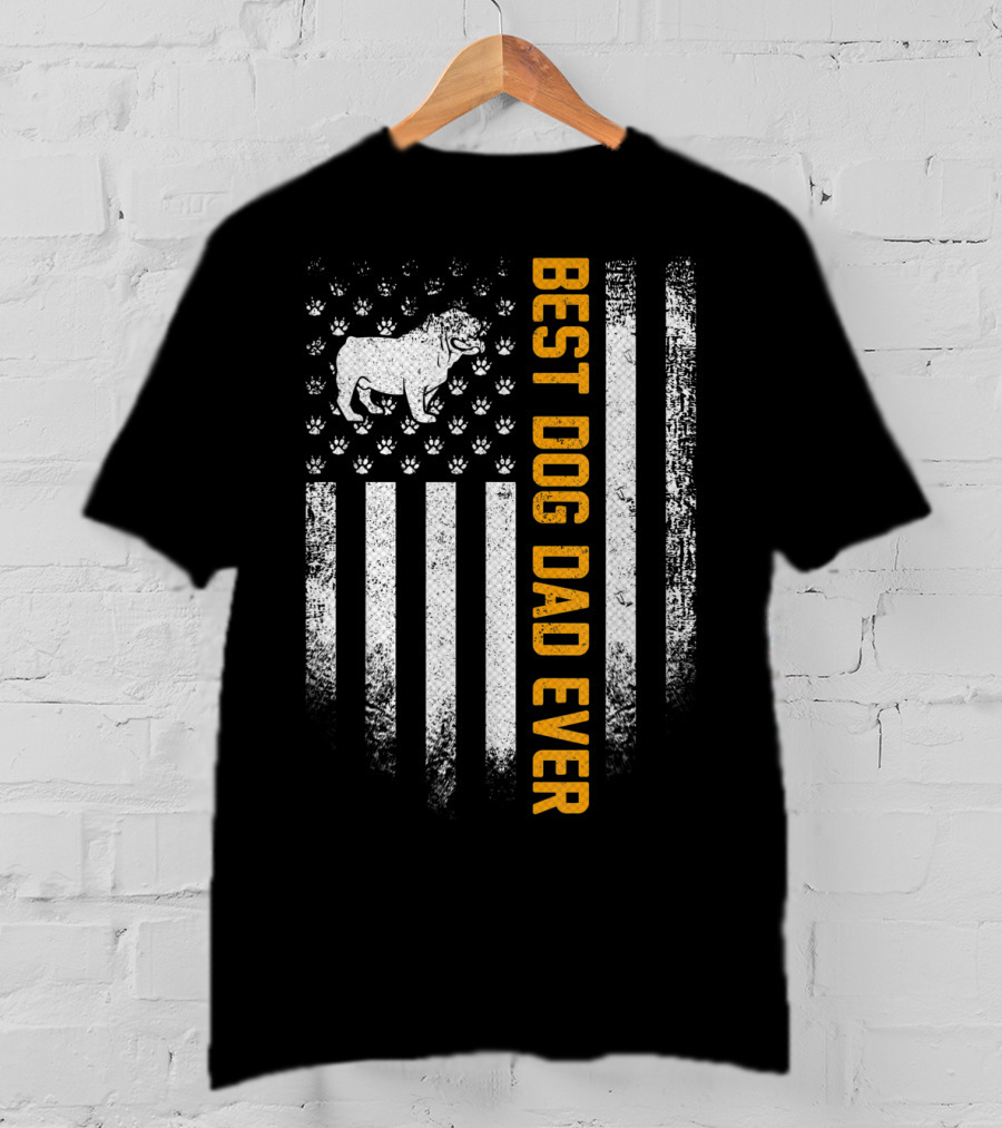 Best Dog Dad Ever Vintage USA Flag English Bulldog Paw Prints T-Shirt