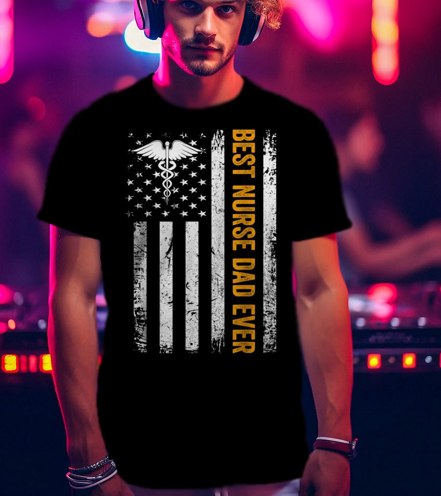Vintage USA Best Nurse Dad Ever American Flag T-Shirt