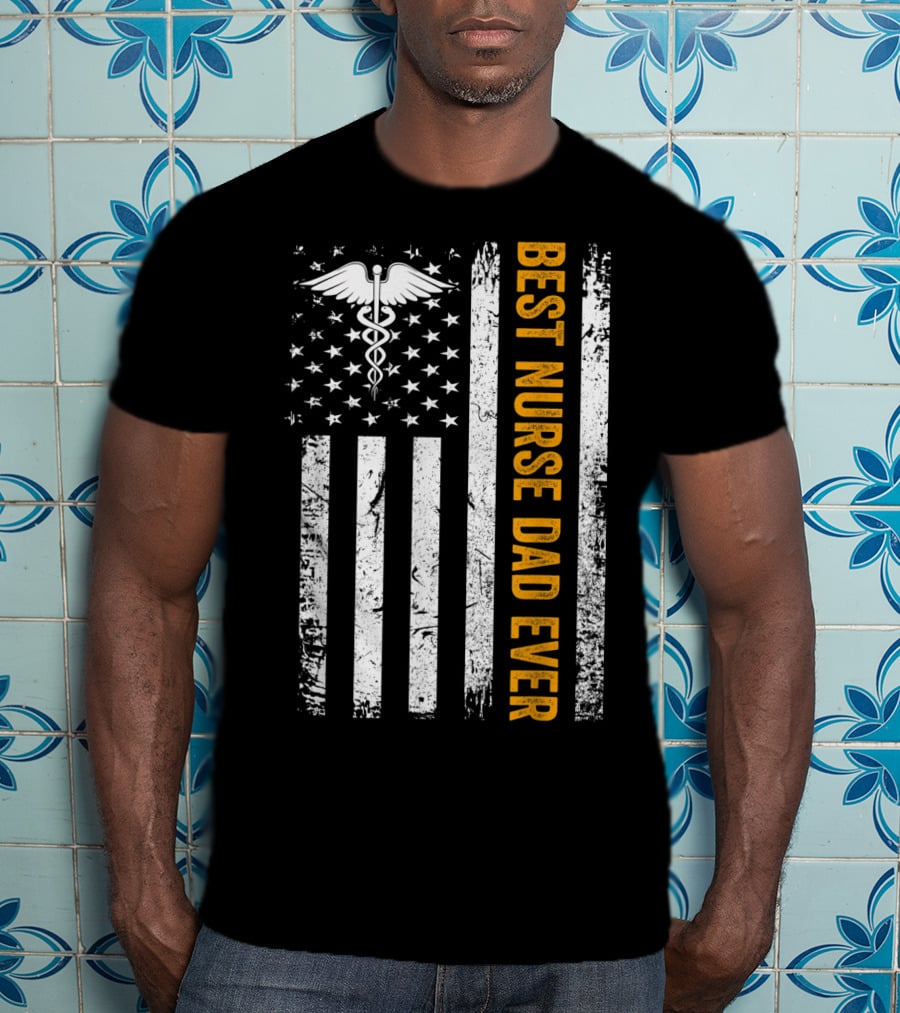 Vintage USA Best Nurse Dad Ever American Flag T-Shirt