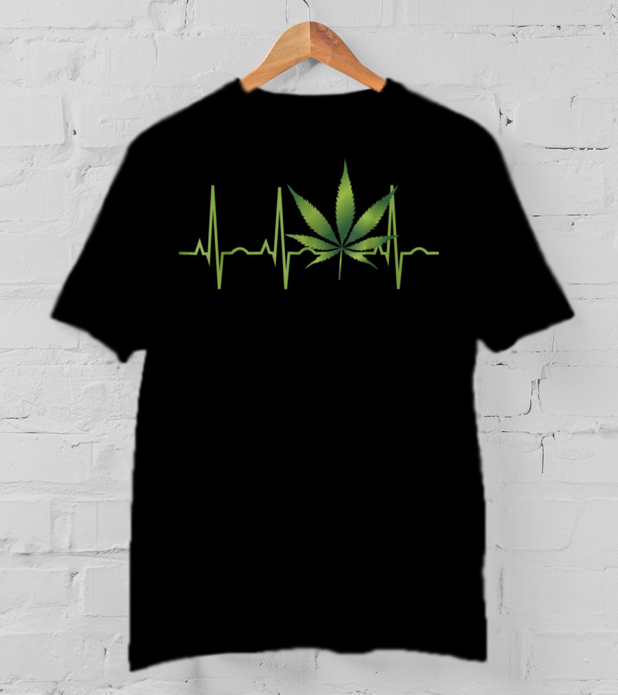 Weed Marijuana Leaf Heartbeat EKG Line T-Shirt