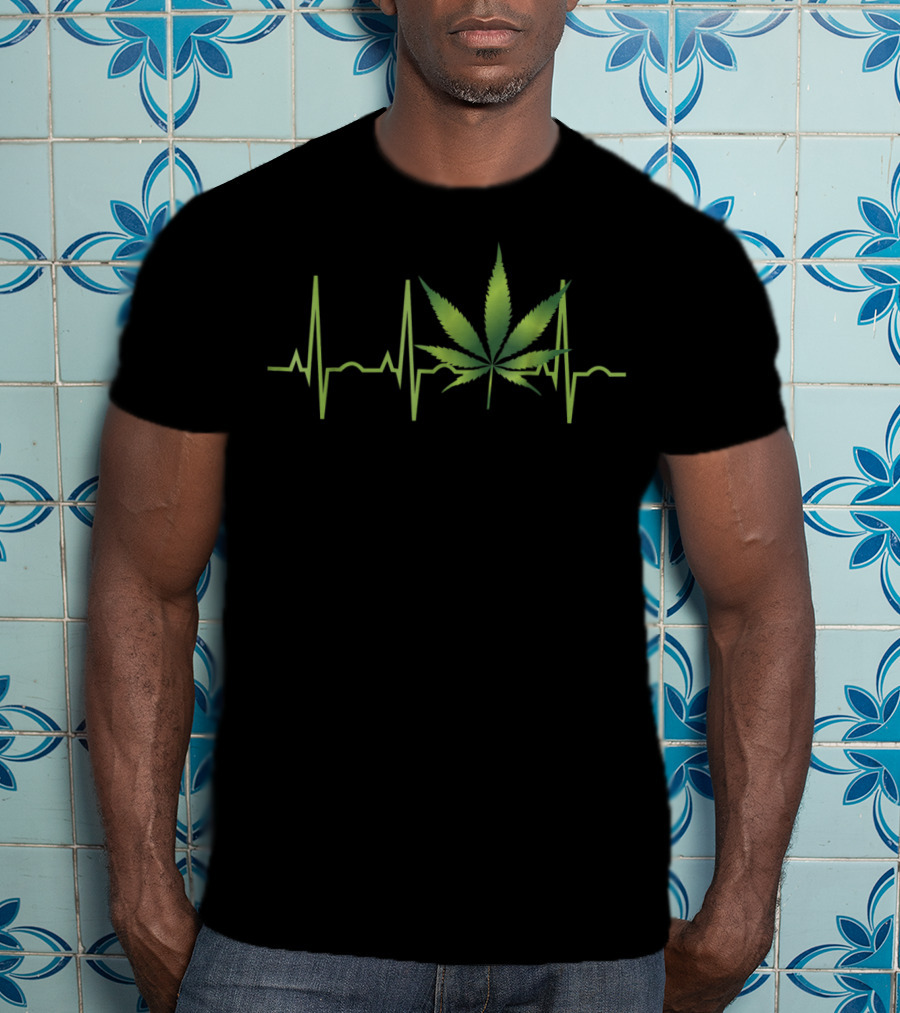 Weed Marijuana Leaf Heartbeat EKG Line T-Shirt