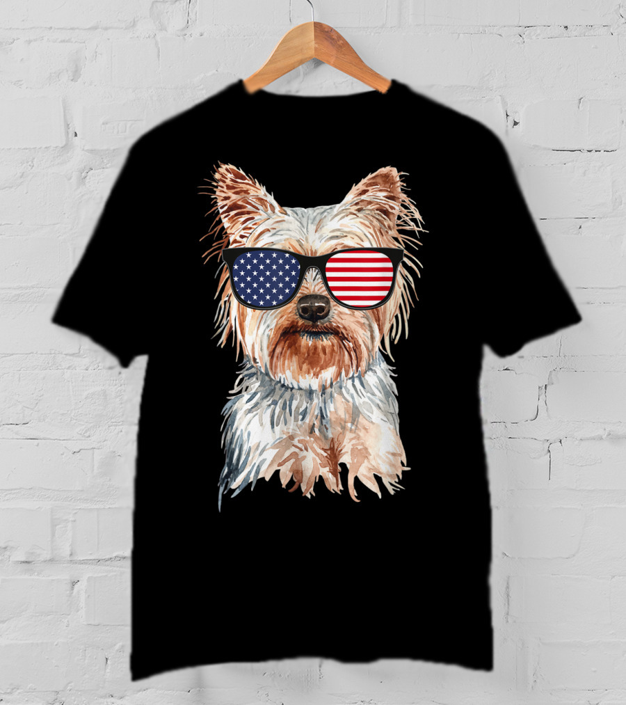 Yorkie Dog With American Flag Sunglasses Patriotic T-Shirt