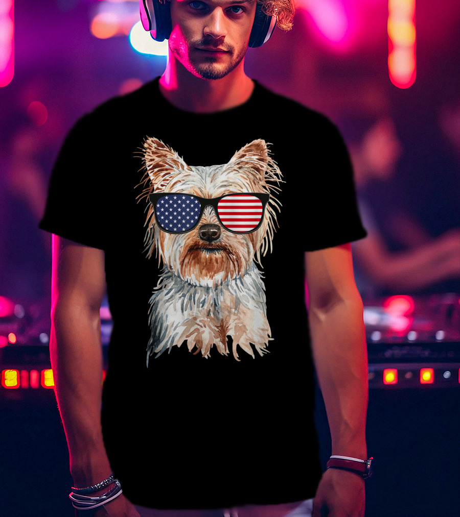 Yorkie Dog With American Flag Sunglasses Patriotic T-Shirt