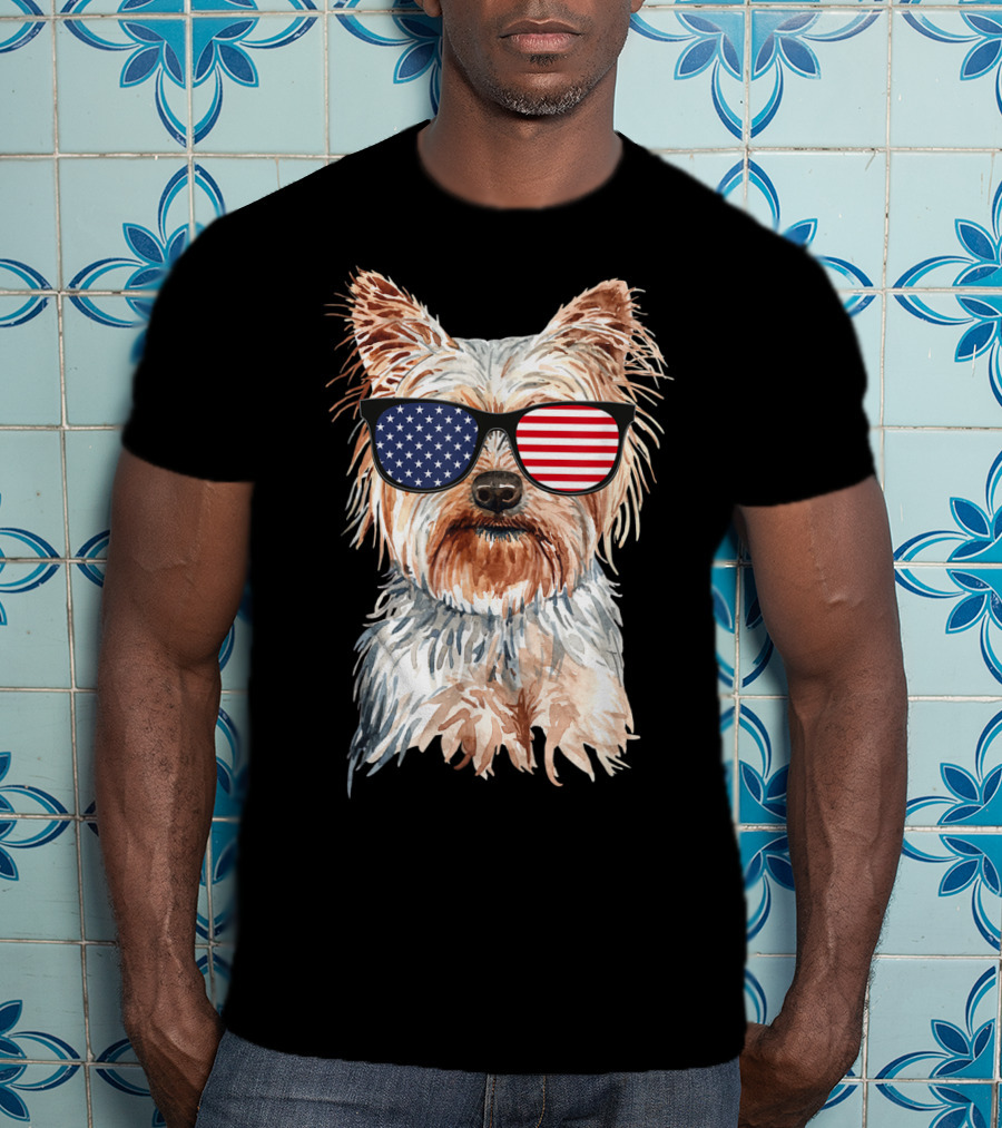 Yorkie Dog With American Flag Sunglasses Patriotic T-Shirt
