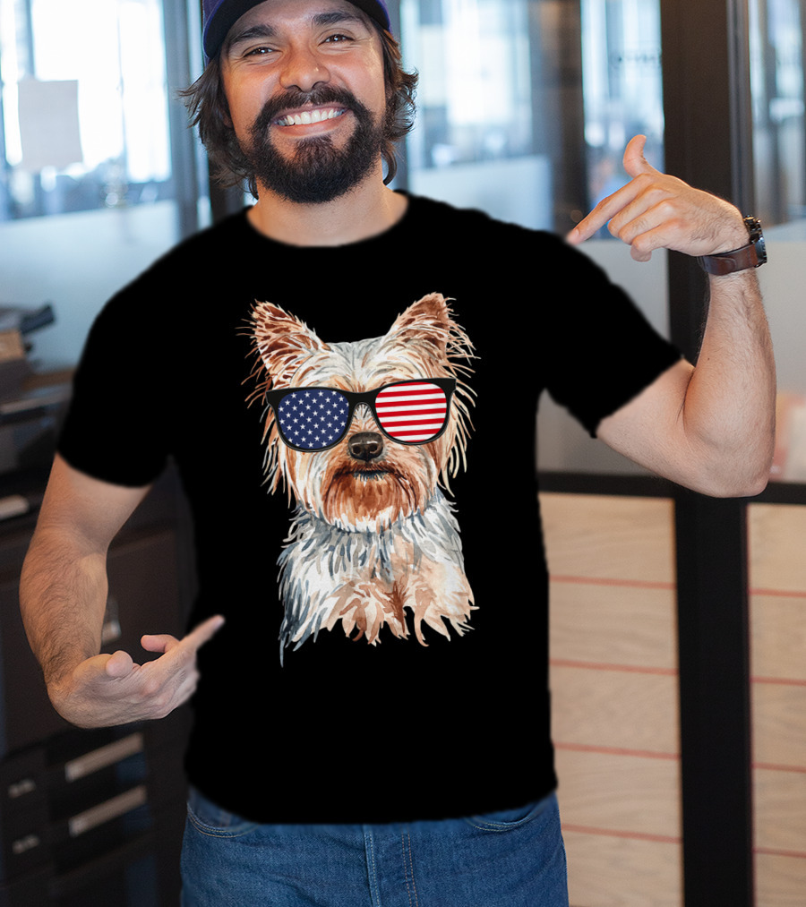 Yorkie Dog With American Flag Sunglasses Patriotic T-Shirt