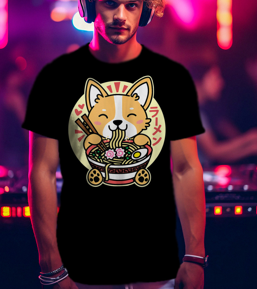 Kawaii Corgi Ramen Cute Anime Dog Japanese Noodles T-Shirt