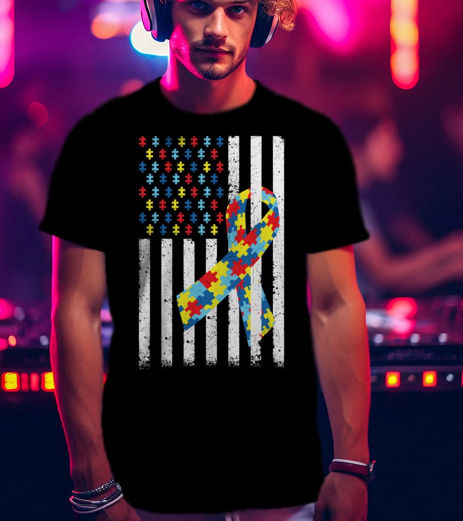 American Flag Jigsaw Puzzle Ribbon Autism Awareness T-Shirt