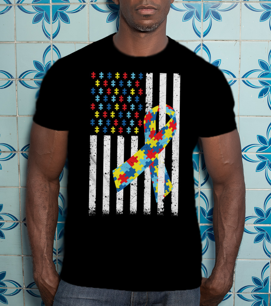 American Flag Jigsaw Puzzle Ribbon Autism Awareness T-Shirt