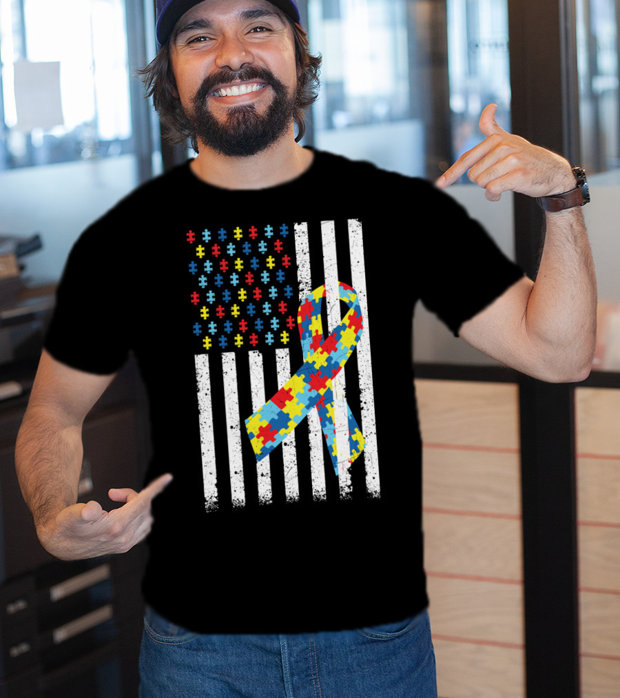 American Flag Jigsaw Puzzle Ribbon Autism Awareness T-Shirt
