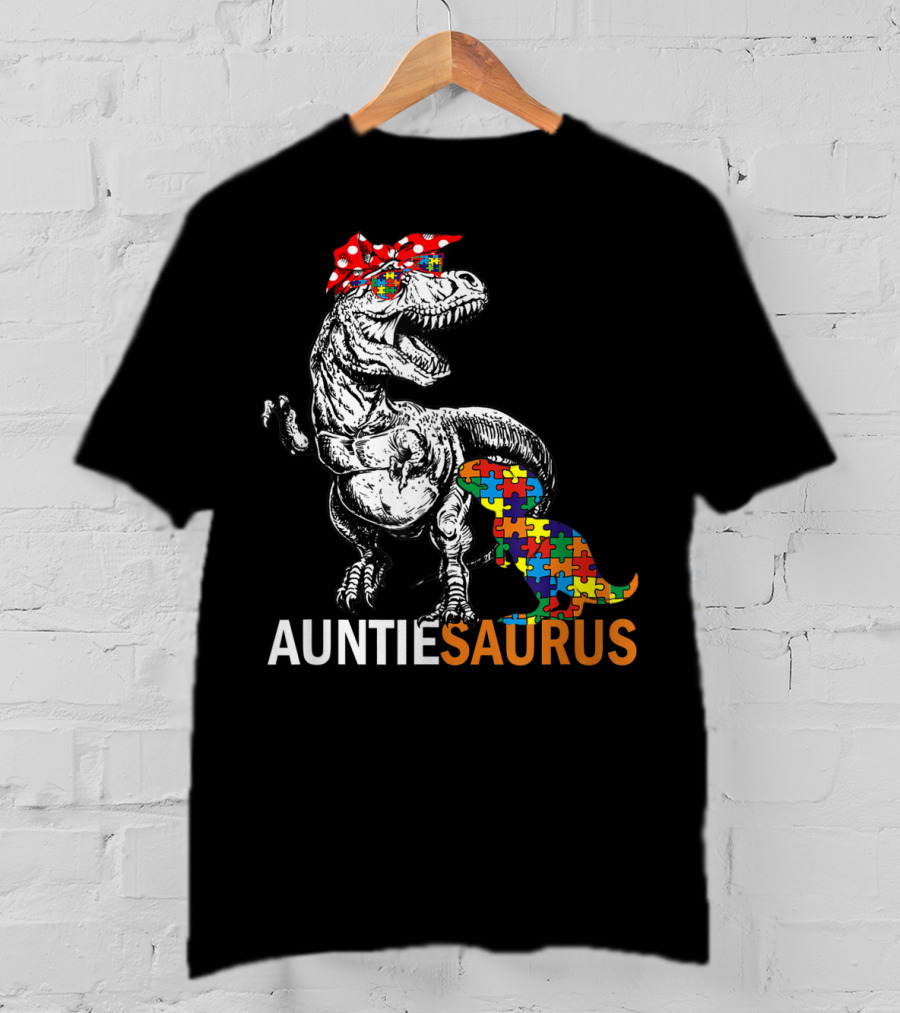 Auntie Saurus Autism Awareness Dinosaur With Puzzle Pieces And Bow T-Shirt