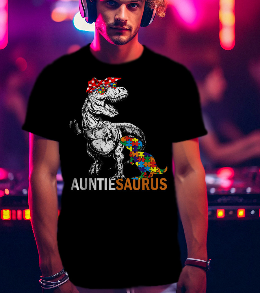 Auntie Saurus Autism Awareness Dinosaur With Puzzle Pieces And Bow T-Shirt