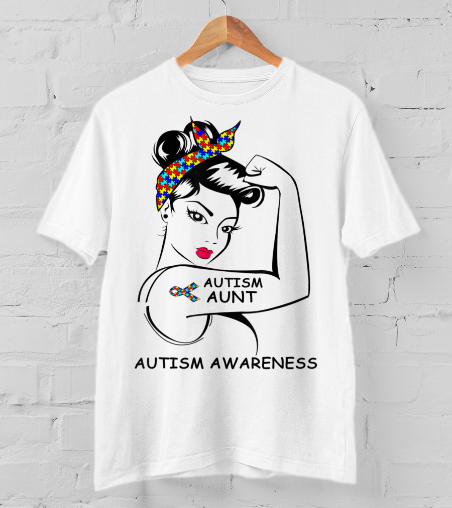 Autism Aunt Awareness Strong Puzzle Ribbon Rosie T-Shirt