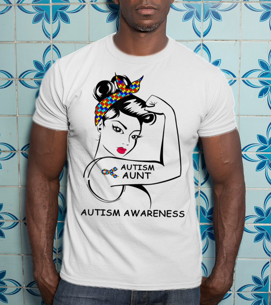 Autism Aunt Awareness Strong Puzzle Ribbon Rosie T-Shirt