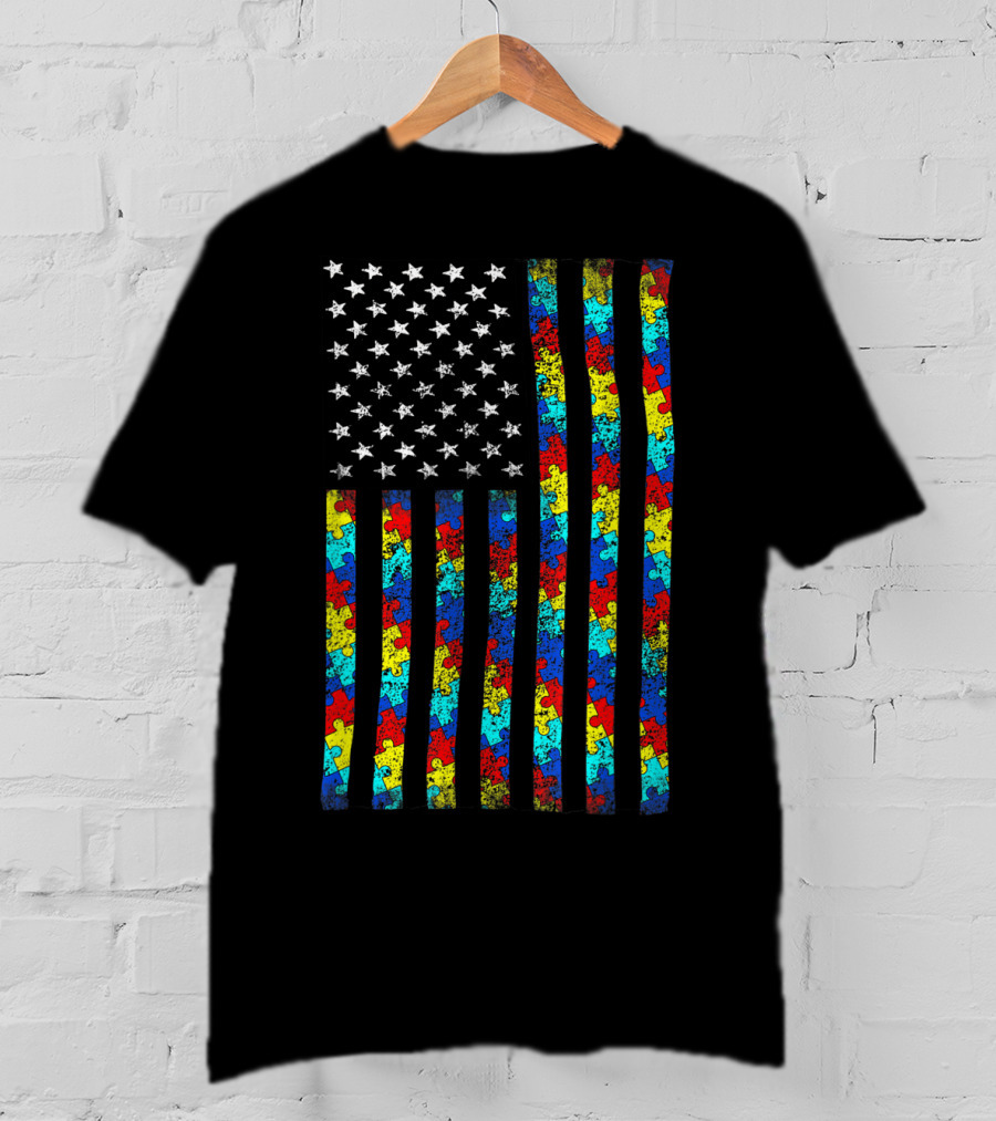 Autism Awareness Puzzle Piece American Flag T-Shirt