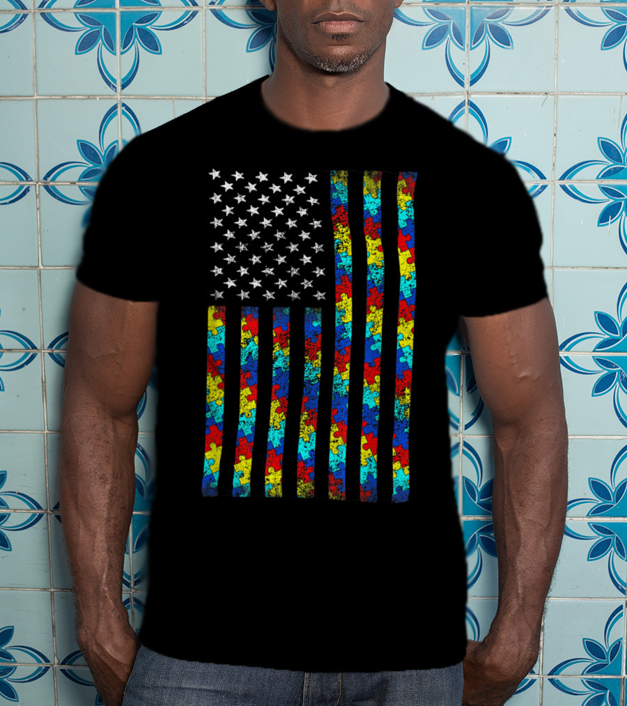 Autism Awareness Puzzle Piece American Flag T-Shirt
