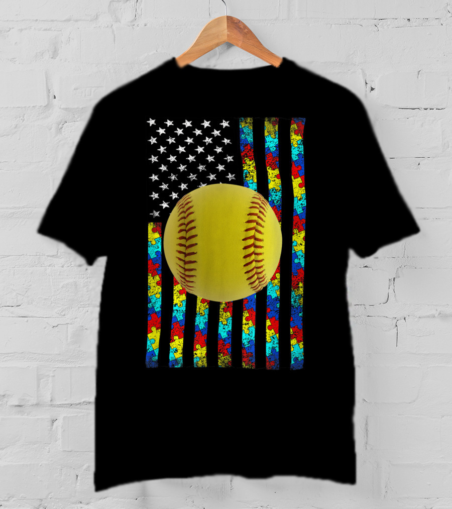 Autism Awareness American Flag Softball Puzzle Piece Stripes T-Shirt