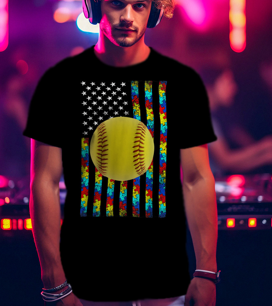 Autism Awareness American Flag Softball Puzzle Piece Stripes T-Shirt