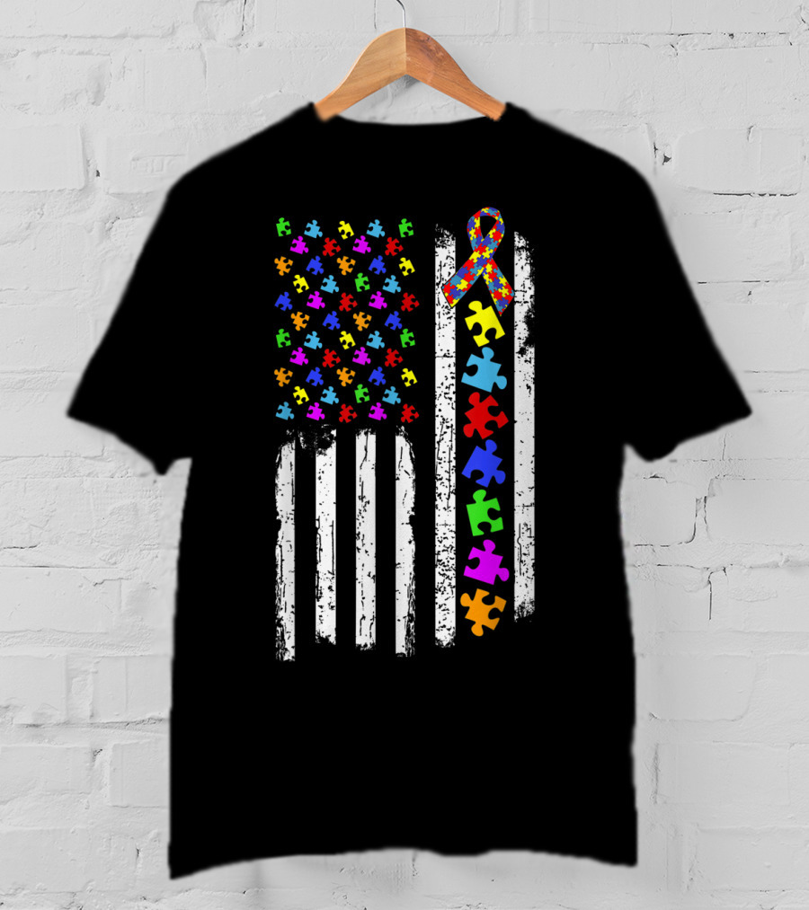 Autism Awareness Puzzle Piece Ribbon American Flag T-Shirt