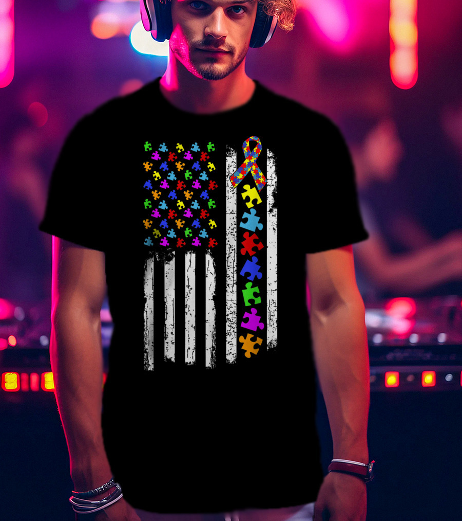 Autism Awareness Puzzle Piece Ribbon American Flag T-Shirt