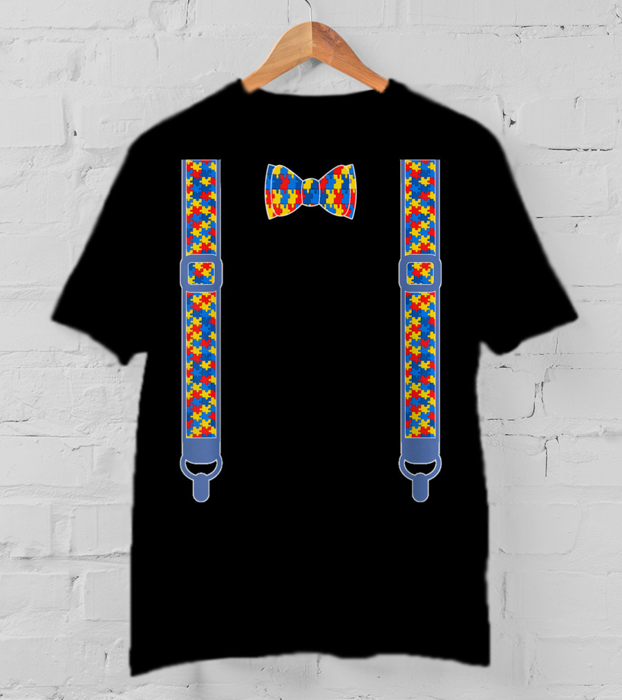 Autism Awareness Puzzle Piece Bow Tie And Suspenders T-Shirt