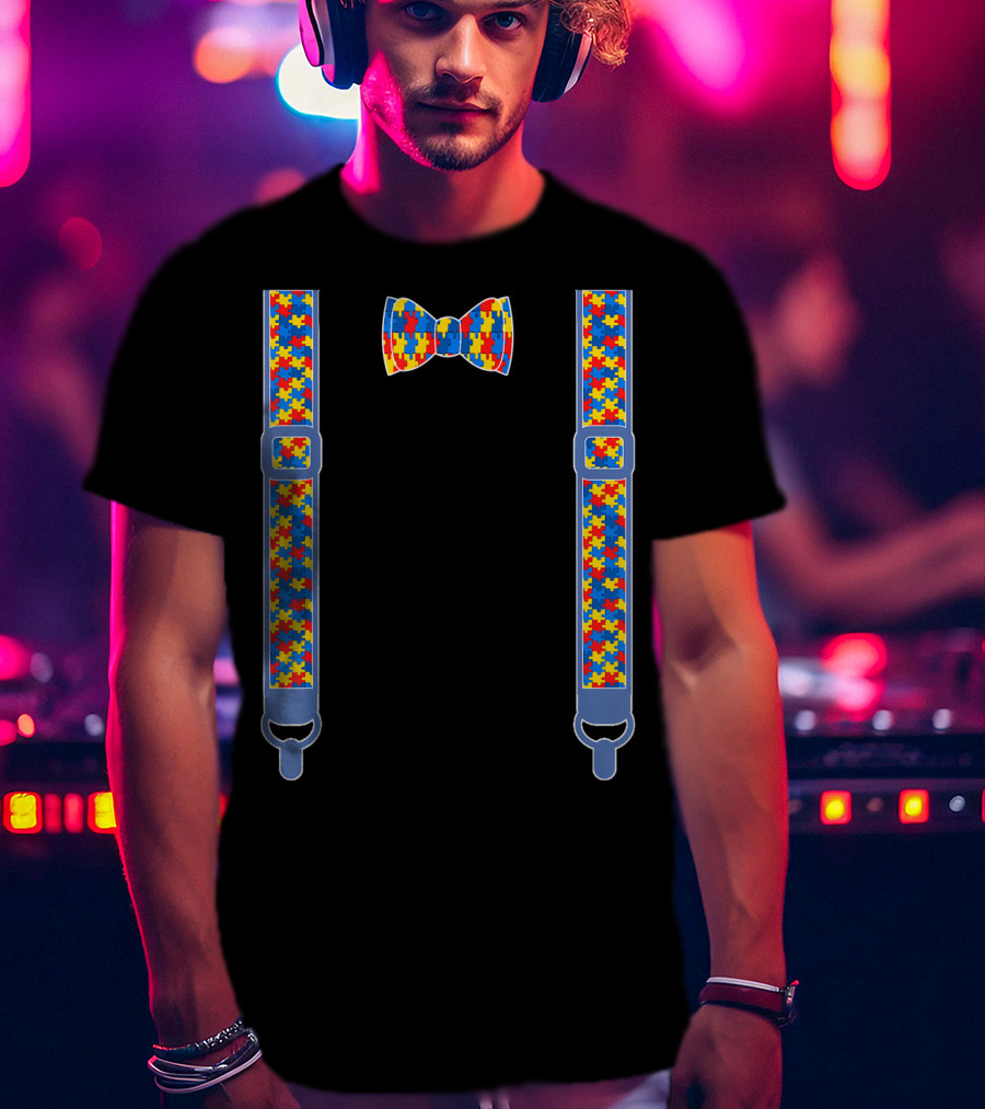 Autism Awareness Puzzle Piece Bow Tie And Suspenders T-Shirt