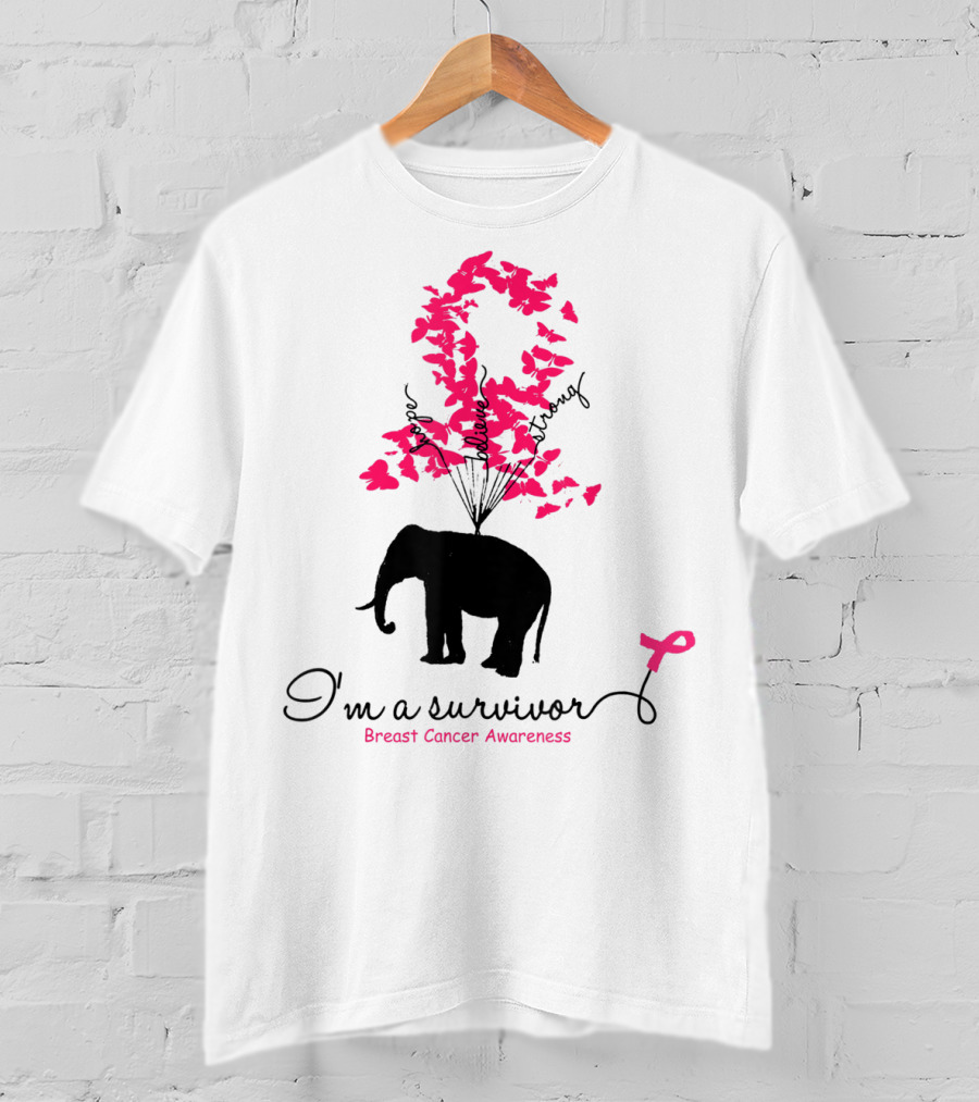 I'm A Survivor Breast Cancer Awareness Pink Ribbon Butterfly Elephant T-Shirt