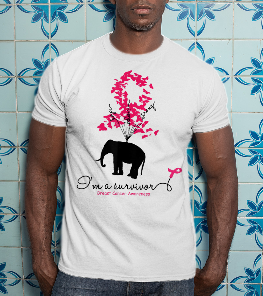 I'm A Survivor Breast Cancer Awareness Pink Ribbon Butterfly Elephant T-Shirt