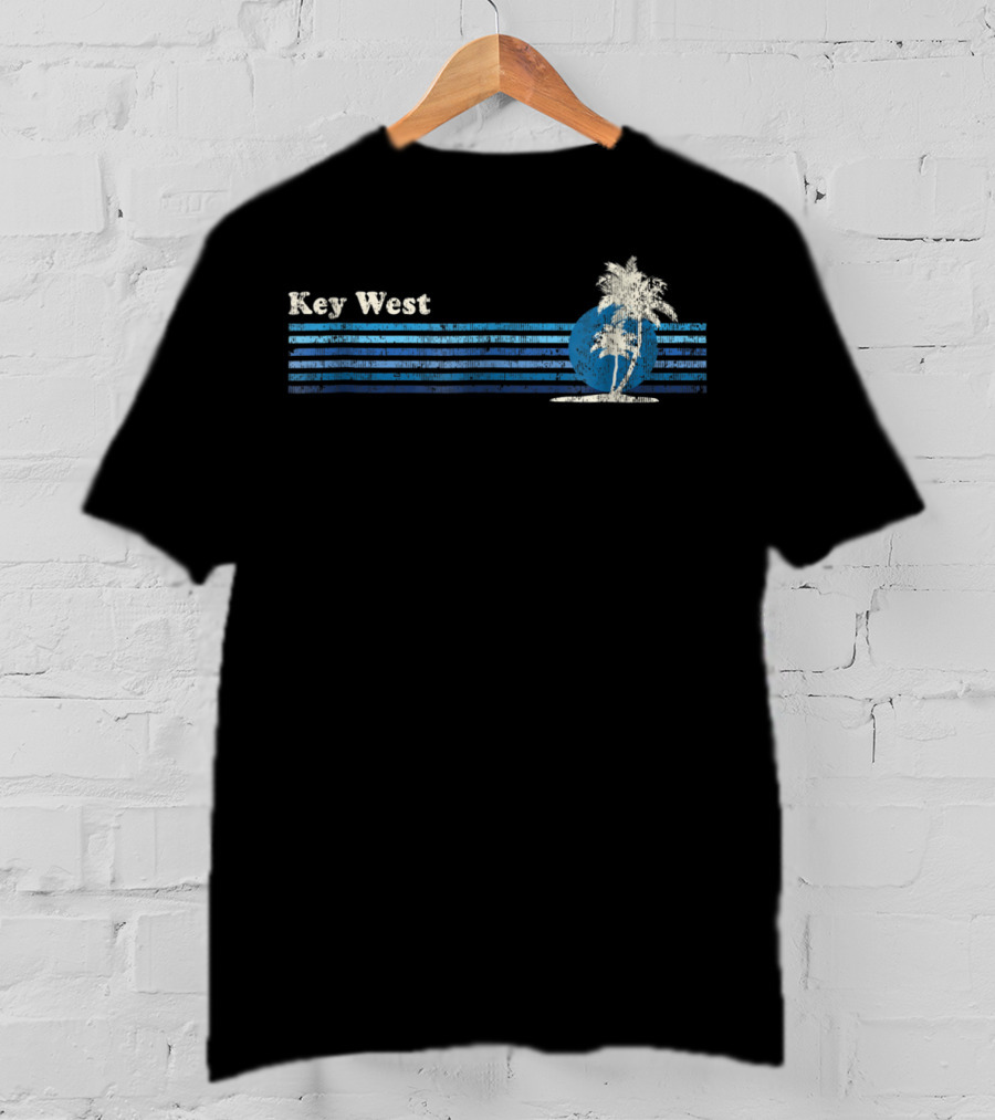 Key West FL Vintage 80s Palm Trees Sunset Retro Blue Stripes T-Shirt