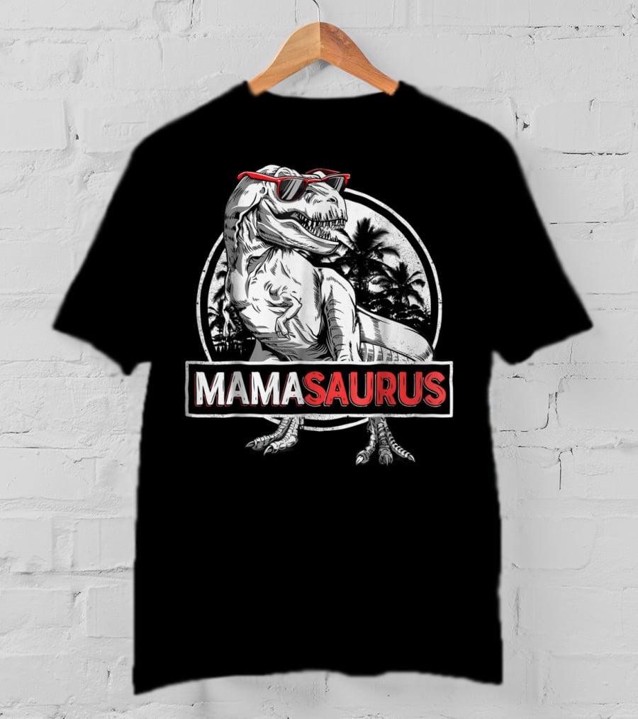Mamasaurus Rex Dinosaur With Sunglasses And Palm Trees T-Shirt
